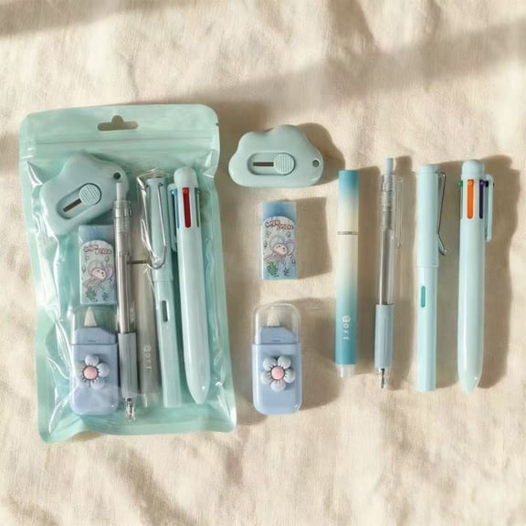 Stationery Set 7 Pieces for Students, Graduation Gift Kit with Pens Eraser Correction Tape Art Knife, Cute Pastel Color Learning Supplies, Portable Pencil Case Accessory