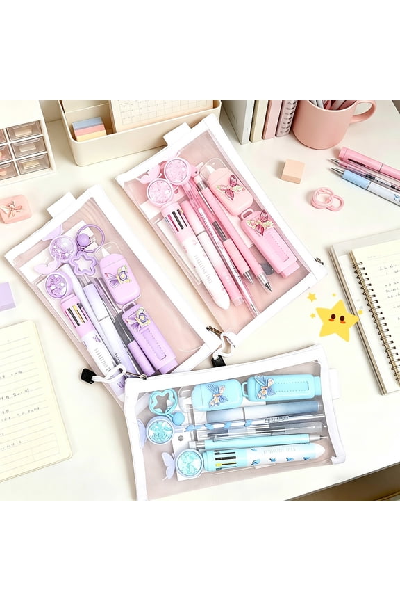 Stationery Set Essentials Kit - Pens, Highlighter,Tape, Eraser, Pencil, Notes, Keychain, Pencil Case • Portable Office Supplies, Gift Ready
