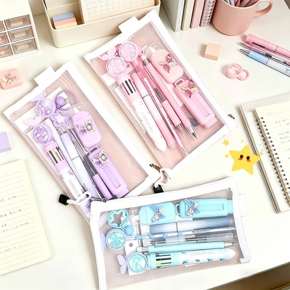 Stationery Set Essentials Kit - Pens, Highlighter,Tape, Eraser, Pencil, Notes, Keychain, Pencil Case • Portable Office Supplies, Gift Ready