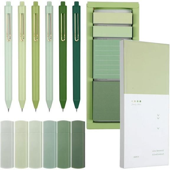 Stationery Set Supplies Sticky Notes Set 6 Mini Correction Tapes 6 Retractable Black Ink Pens 0.5mm Fine Point Paper Corrective Pen Self Stick Index Tabs(Green)