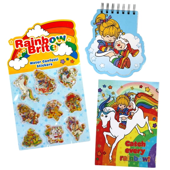 Rainbow Brite Stationery Set with Spiral Notebook, Hardcover Journal, Water Confetti Puffy Stickers, Kids Writing Set