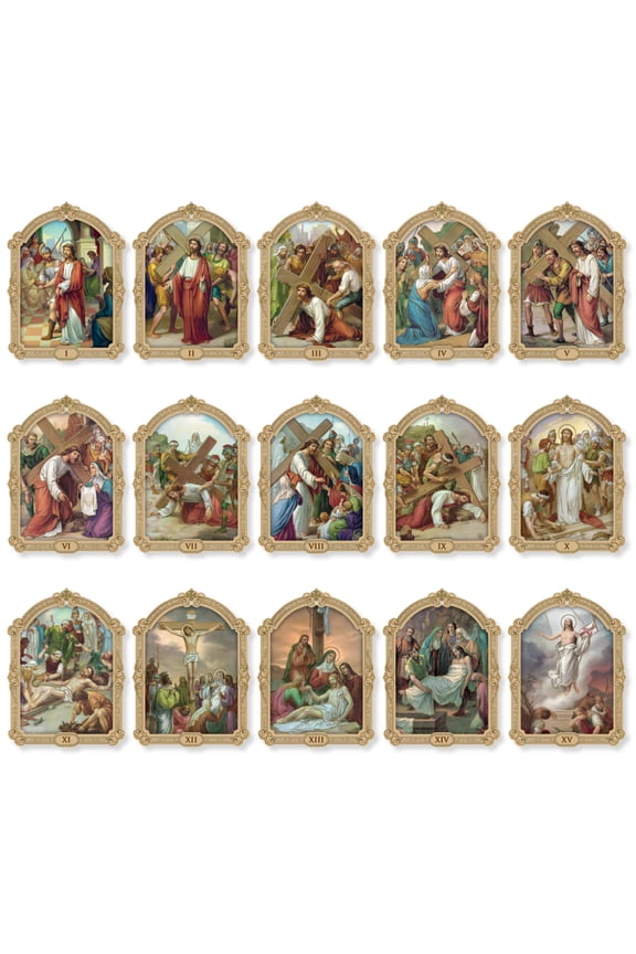 Stations Of The Cross Plaque Set -Small Size 2-3/4" x 3-3/4" Gold-Leaf Stamped Print (set of 16)
