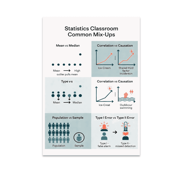 Statistics Classroom Common Mix-Ups Poster, Study Spaces and Educational Decor, 13x19 Glossy Paper