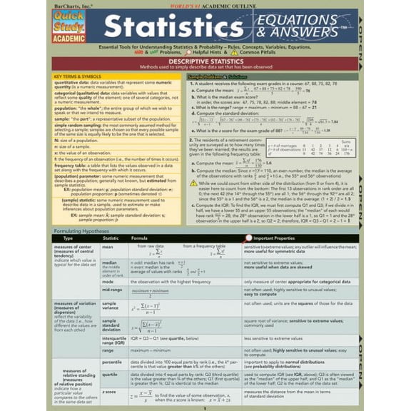 Pre-Owned Statistics Equations and Answers : QuickStudy Laminated Reference Guide (Paperback) 9781423208570