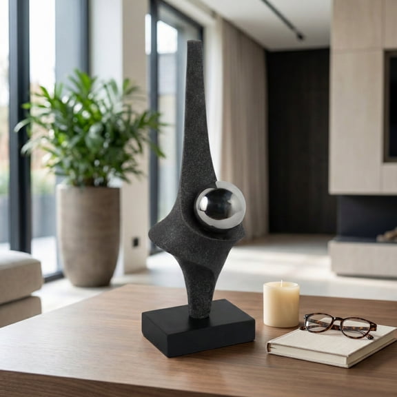Statuary Sculpture with Stainless Steel Sphere for Home and Bathroom Decor - Decorative Figurine for Office, Living Room, Mantel, and Shelf - Sculptural Accent for Coffee Table - 18", Black & Silver