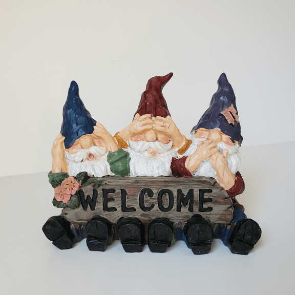 Statue 3 Gnomes Welcome Sign Fairy Door Garden Figurine Painted Resin Gnome Lawn