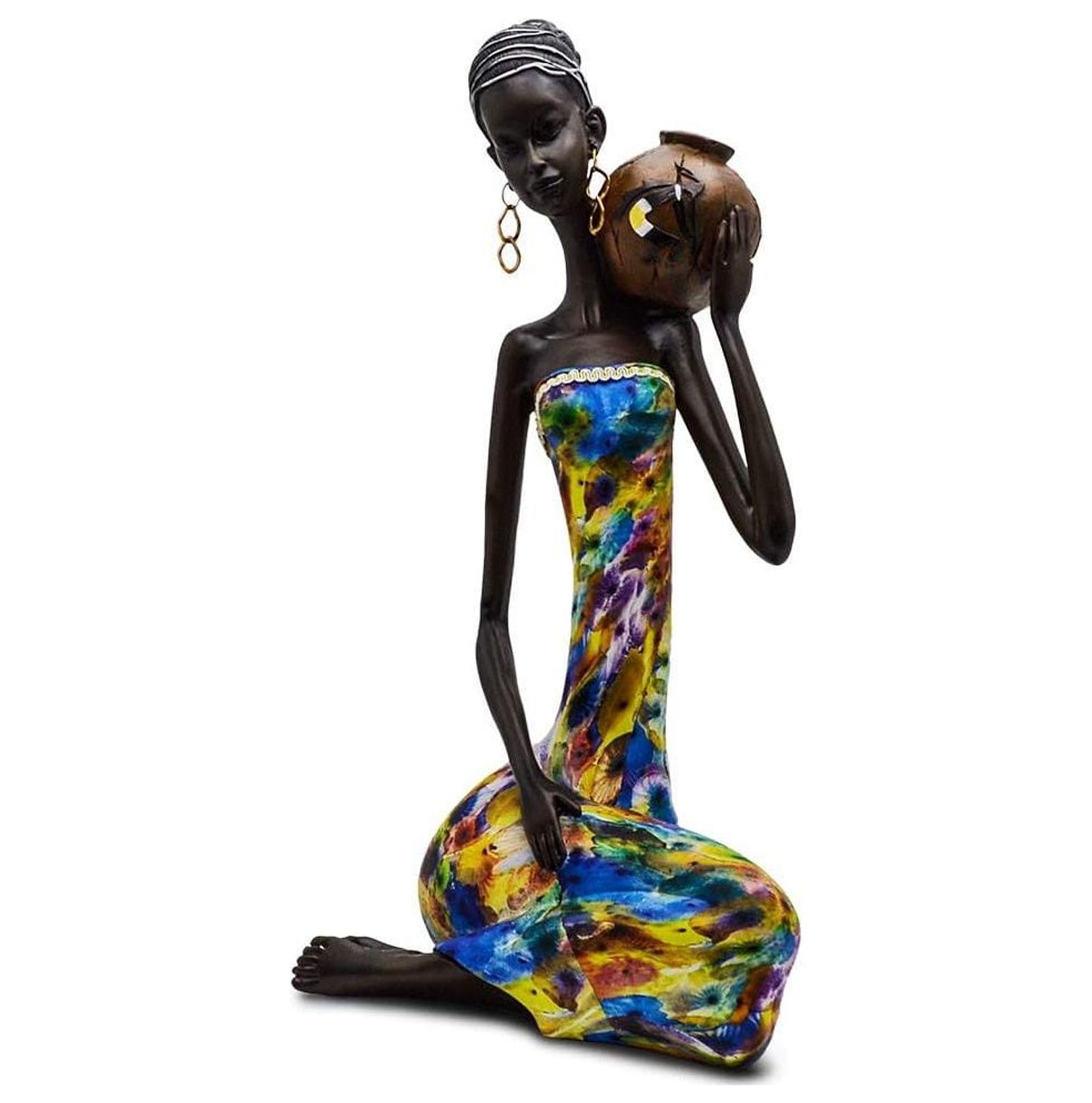 Statue African Figurine Sculpture White Dress Sitting Down Woman Lady