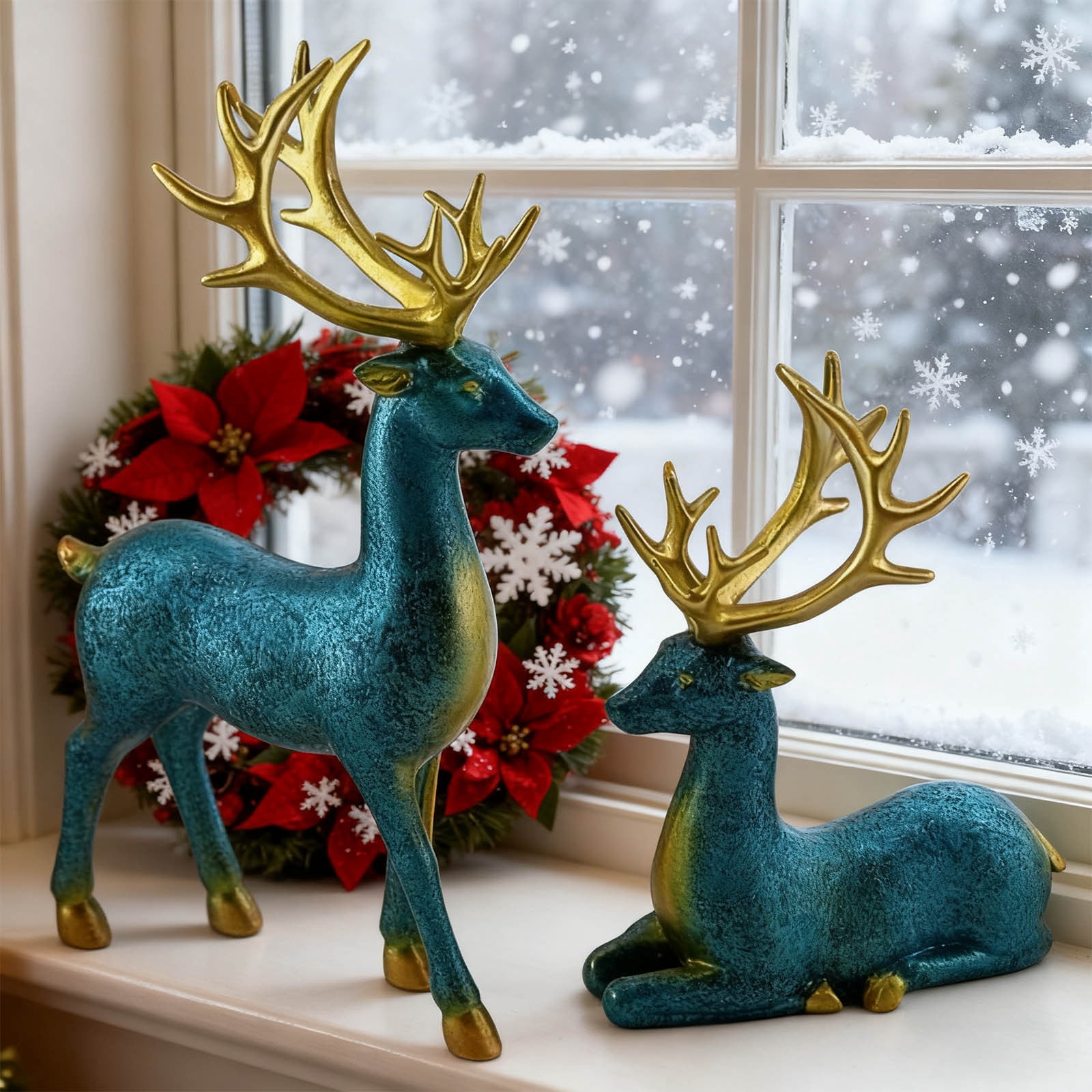 Statue 2Pcs Christmas Reindeer Sculpture Blue Resin Elk Statues ...