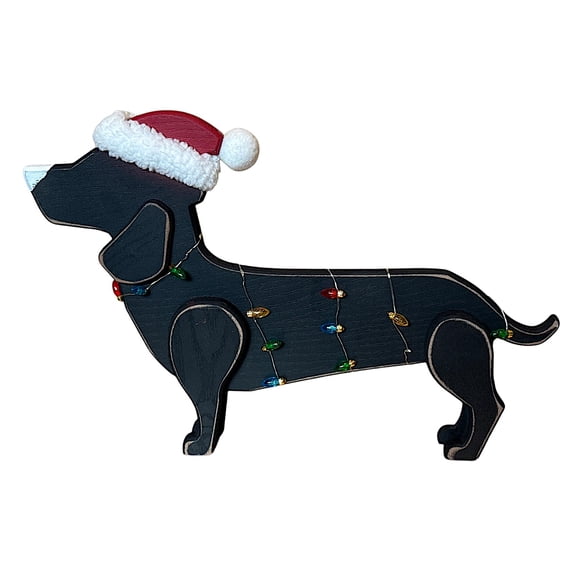 Statue Dachshund Wiener Dog Black Color Life-size Wooden Christmas Decoration 20" x 13" W Battery Operated LED Lights Rustic  Indoor Outdoor Home Business