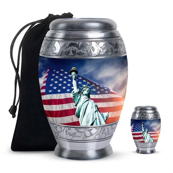 Statue Of Liberty With American Flag Large Urns For Human Ashes Adult Man - Tiny Unique Urn For Adult Woman - Handmade Memorial Gifts For Decorative Combo 10Inch 200Lbs And 3Inch Keepsake Urn