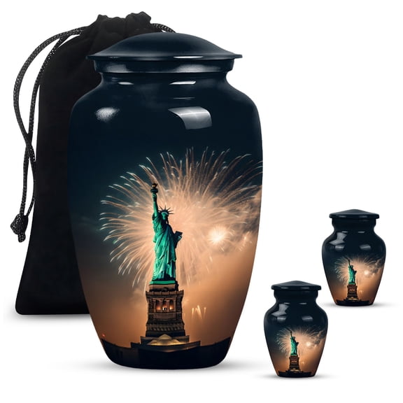 Statue Of Liberty With Fireworks Mini Urn For Ashes Adult Mother - Cremation Large Urns For Human Ashes Adult Father - Memorial Gifts For Decorative Combo 10Inch 200Lbs And 3Inch 2 Keepsake Urn
