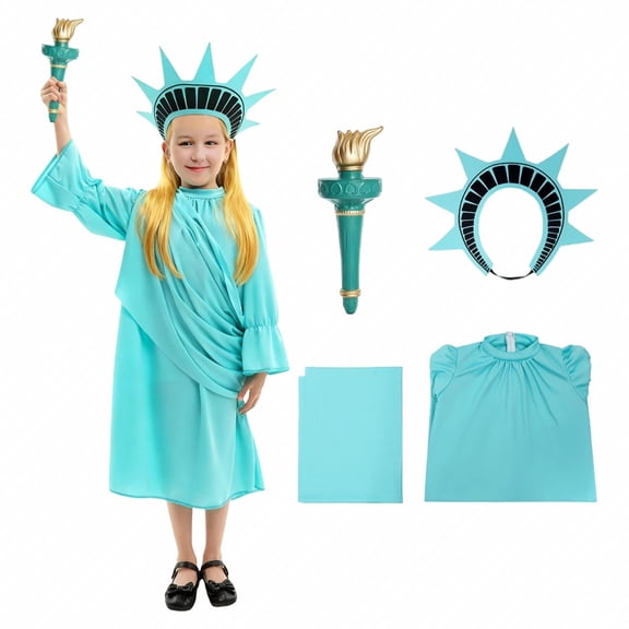 Statue of Liberty Halloween Cosplay Costume, Lady Liberty Dress Role Play Outfits with Crown Headband and Torch Prop for Halloween Cosplay Dress Up, B, S