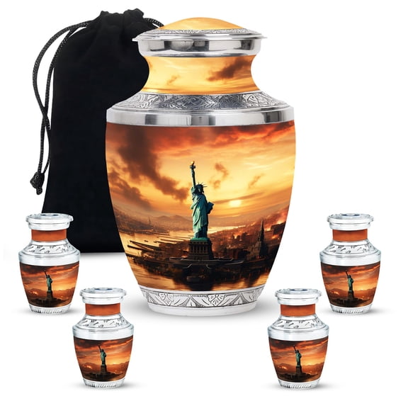 Statue Of Liberty Large Urn For Ashes Adult Male And Female - Unique Small Urn For Ashes For Women - Handcrafted Burial Gifts For Decorative Combo 10Inch 200Lbs And 3Inch 4 Keepsake Urn