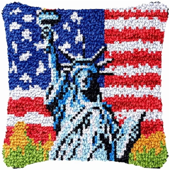 Statue of Liberty Latch Hook Pillow Cover Kits for DIY Handmade Throw Pillow Cross Stitch Hooking Pillow Kits with Preprinted Color Pattern Canvas Crochet Yarn Kits 17''X 17''(yf169)