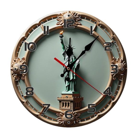 Statue Of Liberty New York City, Wall Clock 10 Inch Silent Non Ticking Round Wooden Clock Decoration for Living Room Kitchen Bedroom Bathroom Office Classroom