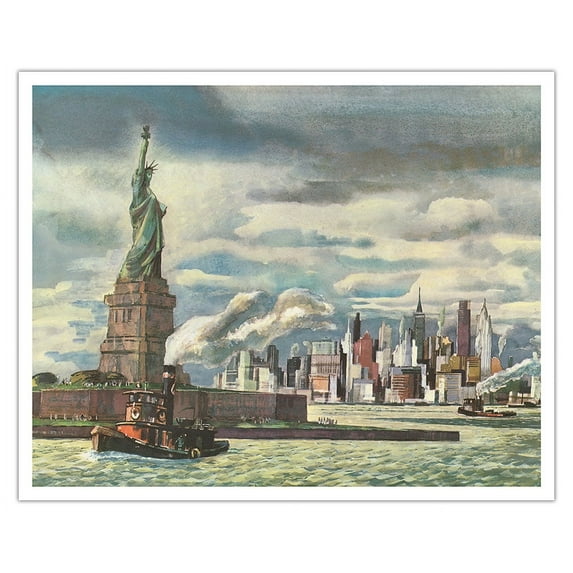 Statue of Liberty - New York - United Air Lines - Vintage Airline Travel Poster by Millard Sheets c.1958 - Fine Art Matte Paper Print (Unframed) 16x20in
