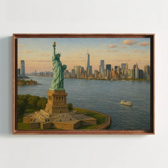 Statue Of Liberty Nyc Skyline Canvas Art For Modern Office Or Patriotic Living Room – New York City Landmark Painting Wall Decor, Unframed Canvas Size 16x24