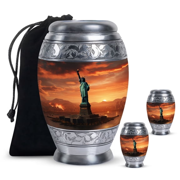 Statue Of Liberty Sunset Mini Urns For Human Ashes Adult Father - Cremation Large Urn For Ashes Adult Dad - Handmade Memorial Gifts For Decorative Combo 10Inch 200Lbs And 3Inch 2 Keepsake Urn