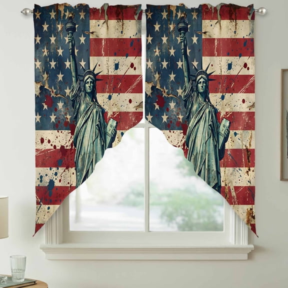 Statue of Liberty Swag Kitchen Curtain Valances, Independence Day American Flag Architecture Western Rod Pocket Curtains Window Treatment Decor Valances for Bedroom Bathroom, 2 Panels 36 x 36 Inch