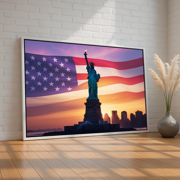 Statue Of Liberty Wall Art | American Flag Sunset Canvas Poster | Patriotic Decor For Home Or Office | Usa Pride Gift Ready To Hang, Unframed Canvas Size 8x12