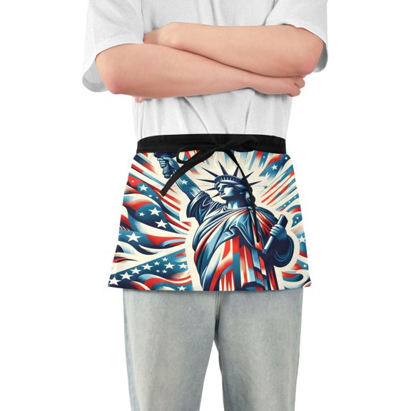 Statue Liberty with America Flat Server Apron with 3 Pockets Waterproof Waitress Waist Short Apron for Man Woman 12 Inches