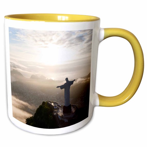 3drose, Statue of Christ the Redeemer, Rio De Janeiro, Brazil. Aerial, 11oz Two-tone Yellow Mug