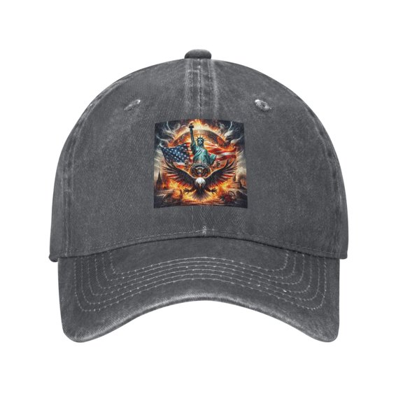 Statue Of Liberty & Eagle Flag Unisex Adult Washed Denim Cotton Sport Outdoor Baseball Cap Adjustable Cowboy Baseball Hat