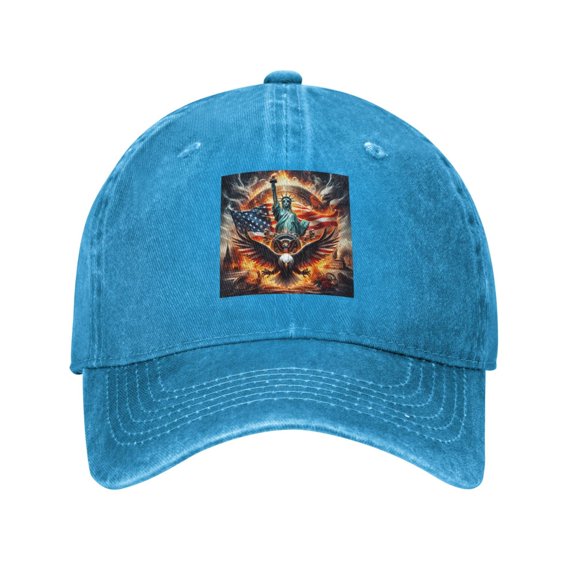 Statue Of Liberty & Eagle Flag Unisex Adult Washed Denim Cotton Sport Outdoor Baseball Cap Adjustable Cowboy Baseball Hat