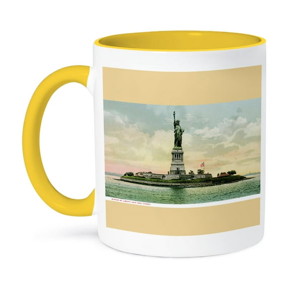 3dRose, Statue of Liberty New York Harbor Vintage Postcard Reproduction, 15oz Two-Tone Yellow Mug
