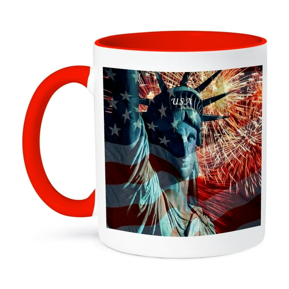 3dRose, Statue Of Liberty Superimposed With American Flag, 11oz Two-Tone Red Mug