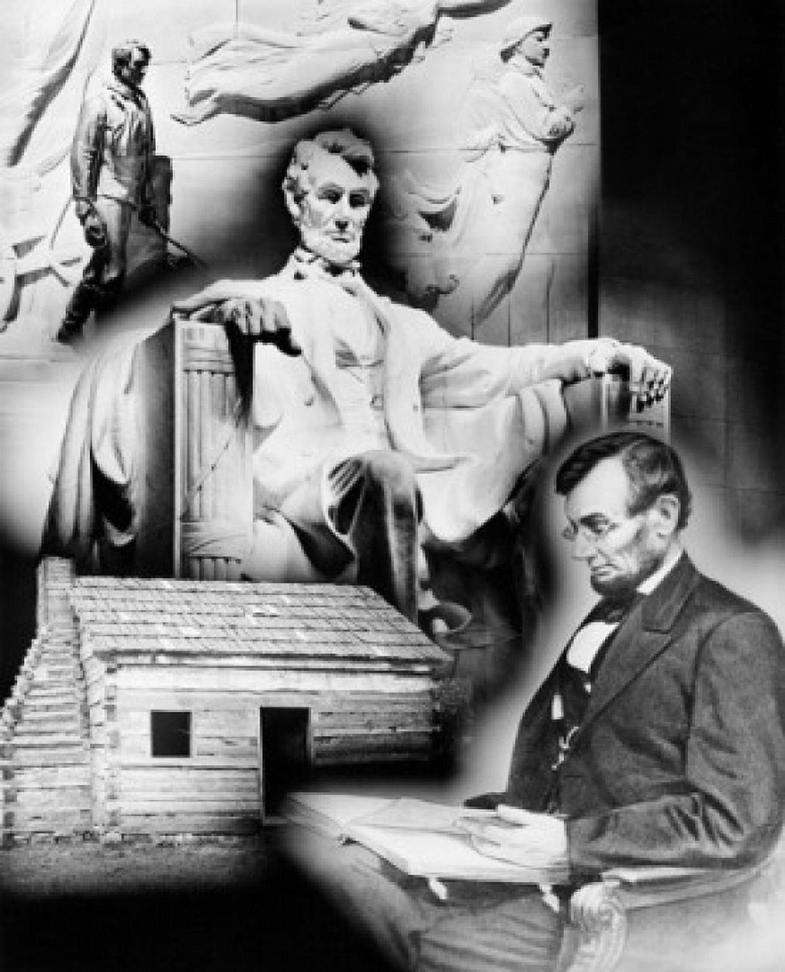 Statue of Abraham Lincoln superimposed on the cabin where he was born USA Canvas Art - (18 x 24)