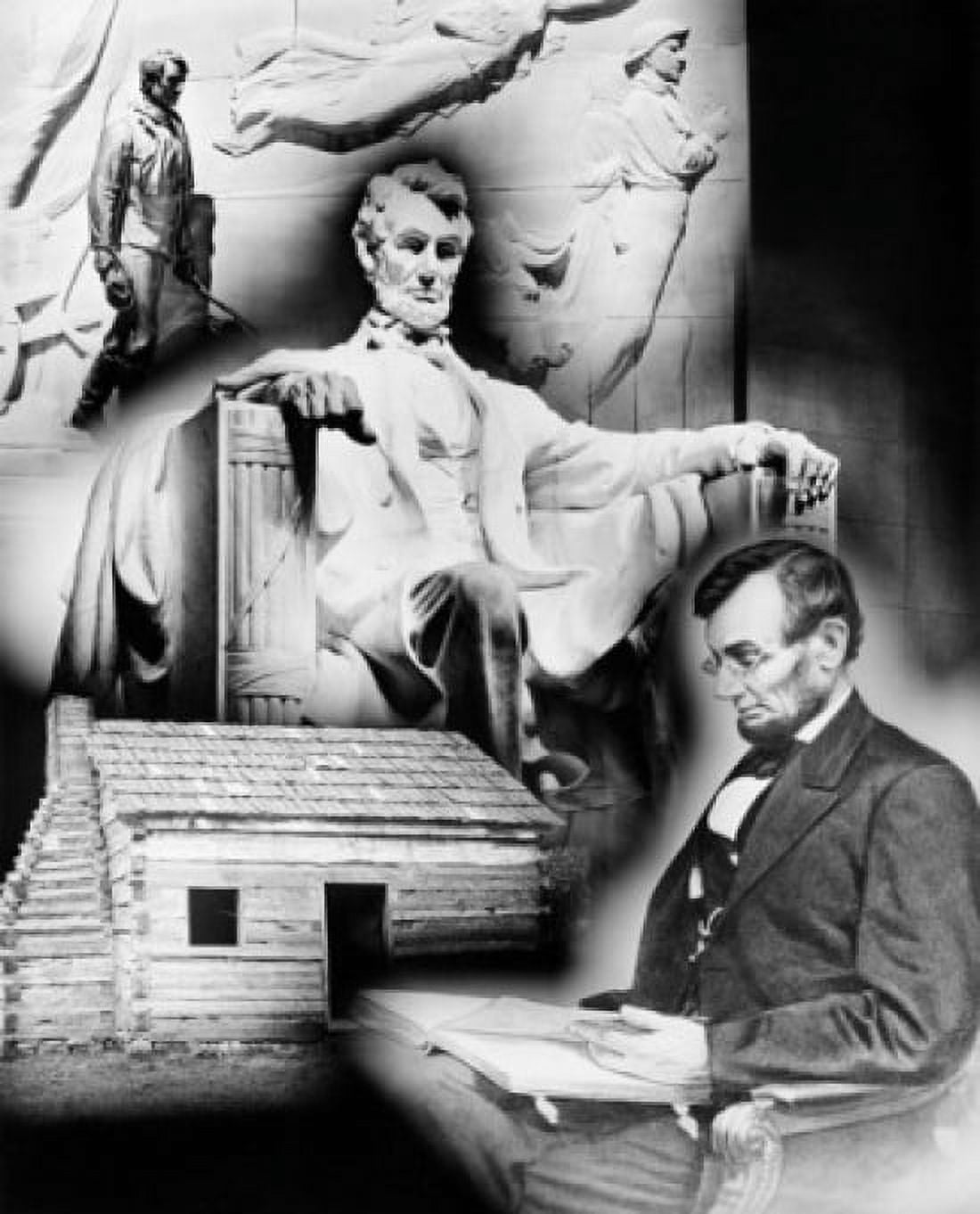 Statue of Abraham Lincoln superimposed on the cabin where he was born USA Canvas Art - (24 x 36)