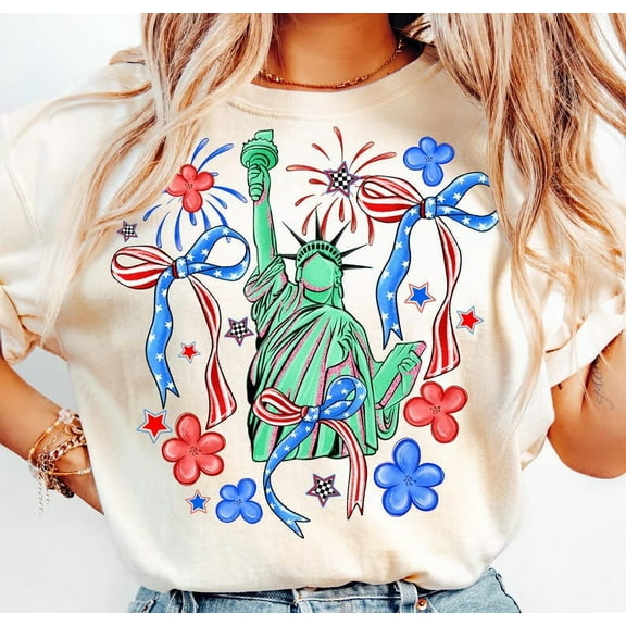 Statue of Liberty Bow T-Shirt– Cute Coquette Tee with USA Liberty Bow, Perfect for 4th of July and Independence Day