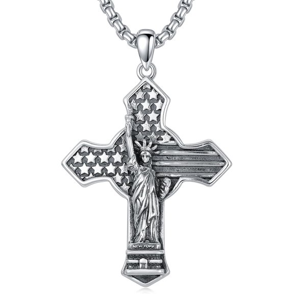 Statue of Liberty Cross Necklace for Men Women 925 Sterling Silver American Flag Cross Pendant Patriotic Jewelry Independence Day Jewelry Gifts
