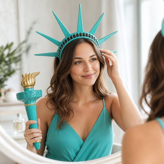 Statue of Liberty Crown and Set 4Th of July Photo Booth Props Gold Green Patriotic Accessories for Fourth of July Party Decorations 2 Piece Kit