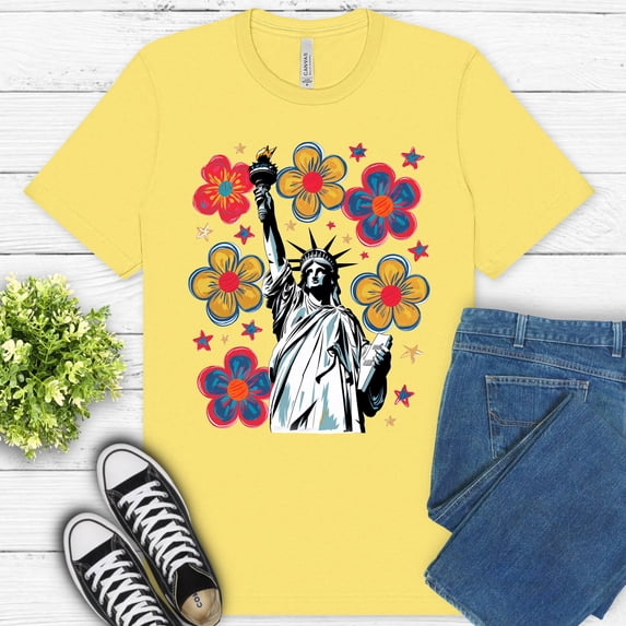 Statue of Liberty Floral Graphic Tee | USA Patriotic Retro Summer T-Shirt , Yellow, L
