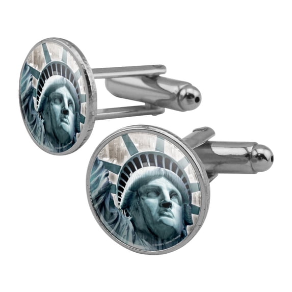 Statue of Liberty New York City Round Cufflink Set Silver Color