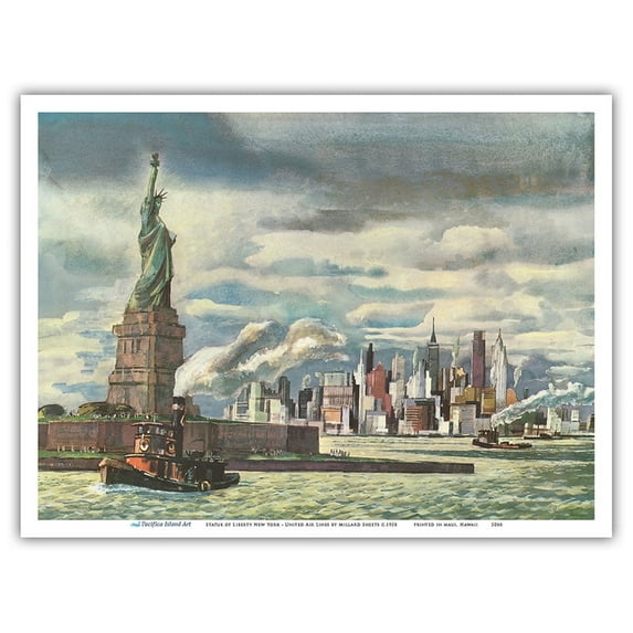 Statue of Liberty - New York - United Air Lines - Vintage Airline Travel Poster by Millard Sheets c.1958 - Master Art Print (Unframed) 9in x 12in
