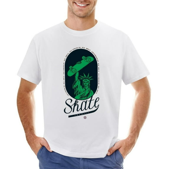 Statue of Liberty Skater. Liberty Statue Skateboard Vintage T-shirt Mens Cotton Classic Crewneck Short Sleeve Tees Unisex White 2XL