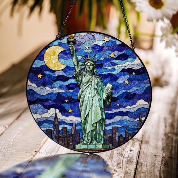 Statue of Liberty under Moonlit Sky Glass Suncatcher, Fourth of July, 3.5 in