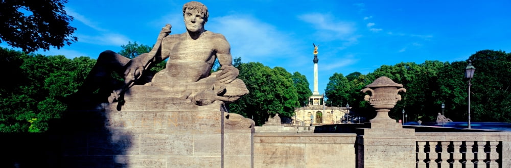 Statue on Luitpold Bridge and Angel of Peace (Friedensengel) in the background Munich Bavaria Germany Canvas Art - Panoramic Images (6 x 18)