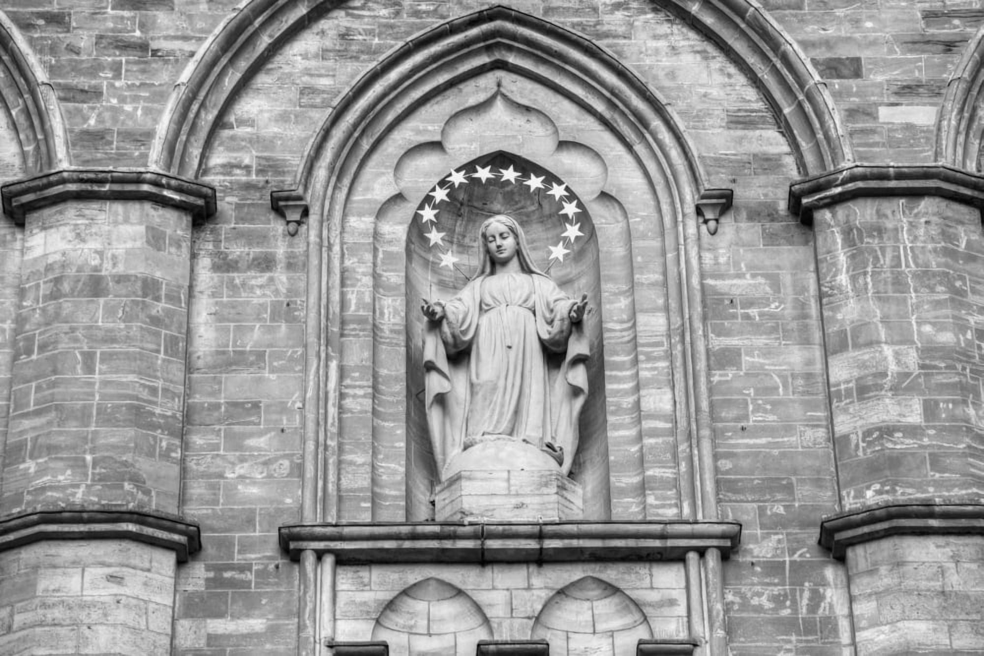 Statue on facade of Notre Dame church Canvas Art - David Chapman Design Pics (19 x 12)