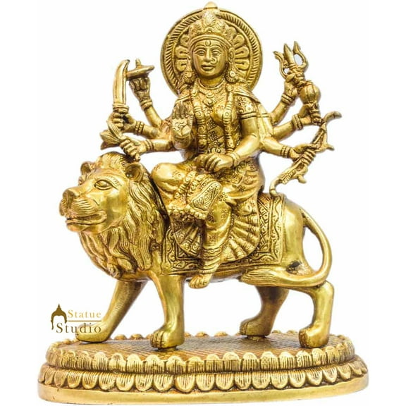StatueStudio Durga Ma Murti Sherawali Mata Statue Ambe Maa Idol Antique Gold Finish God Statue Mata Rani Puja Vastu Showpiece Pooja Gift Item (8 X 4 X 10 Inch)