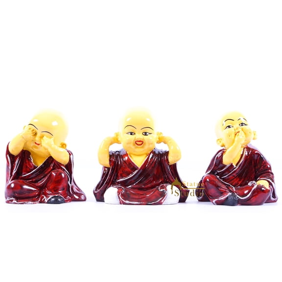 StatueStudio Feng Shui Laughing Monk Statue Set of 3 Buddha Idol for Car Dashboard Home Decor Living Room, Office Table Showpiece (5 X 3.5 X 5 Inch)