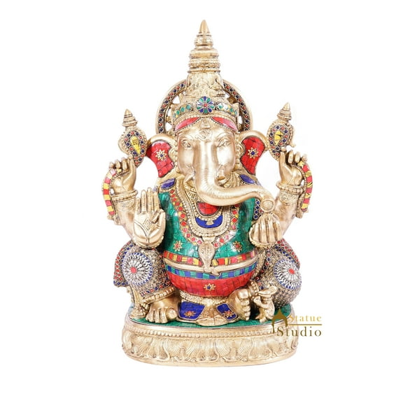 StatueStudio Indian Style Hindu God Dancing Ganpati Statue - Brass Ganesha Big Size Murti Double Inlay Finish