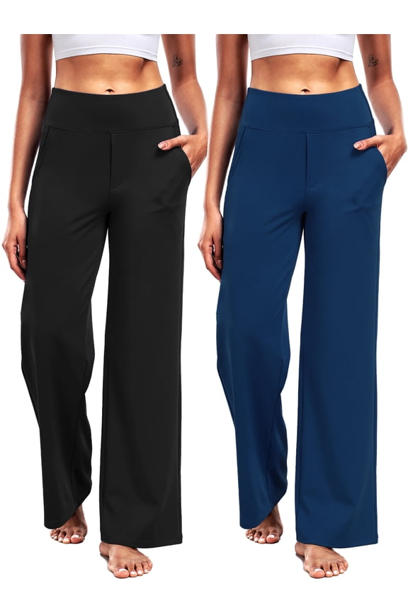 Womens 29" Wide Leg Pants Athletic Yoga Leggings Casual Sweatpants Stretch Dress with Pockets,Black+Navy Blue,US Size S