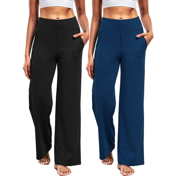 NELEUS Womens 29" Wide Leg Pants Athletic Yoga Leggings Casual Sweatpants Stretch Dress with Pockets,Black+Navy Blue,US Size S