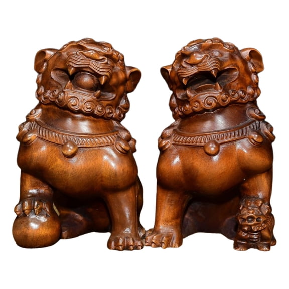 Statues Figures Wooden Carved Foo Dog Statue Pair Guardian Protection Blessing Prosperity Fortune Harmony Stability Decor