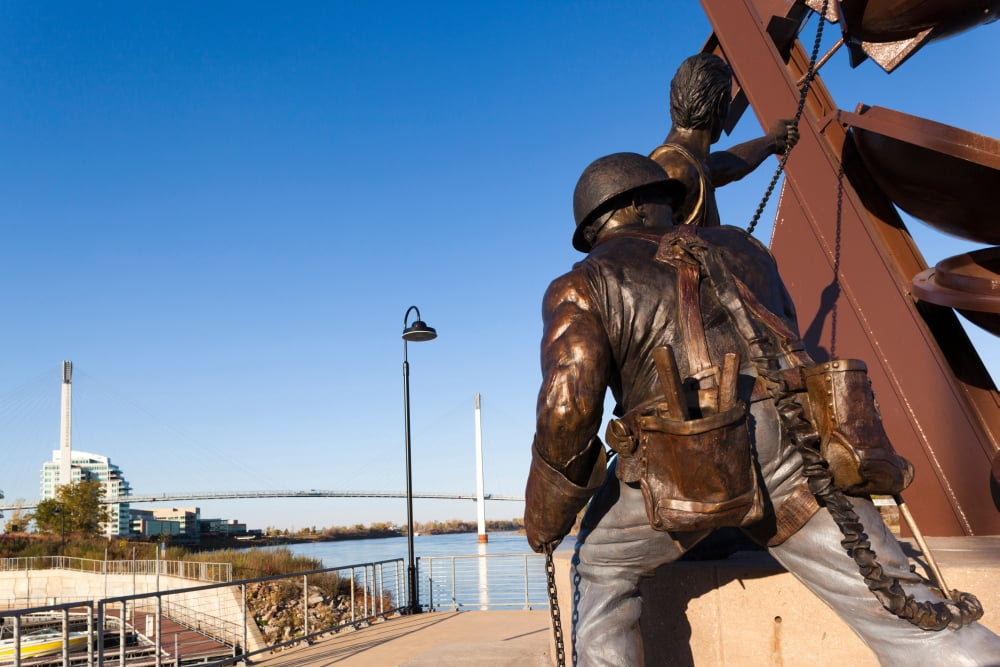 Statues and Bob Kerrey Pedestrian Bridge on Missouri River Omaha Douglas County Nebraska USA Canvas Art - Panoramic Images (18 x 24)