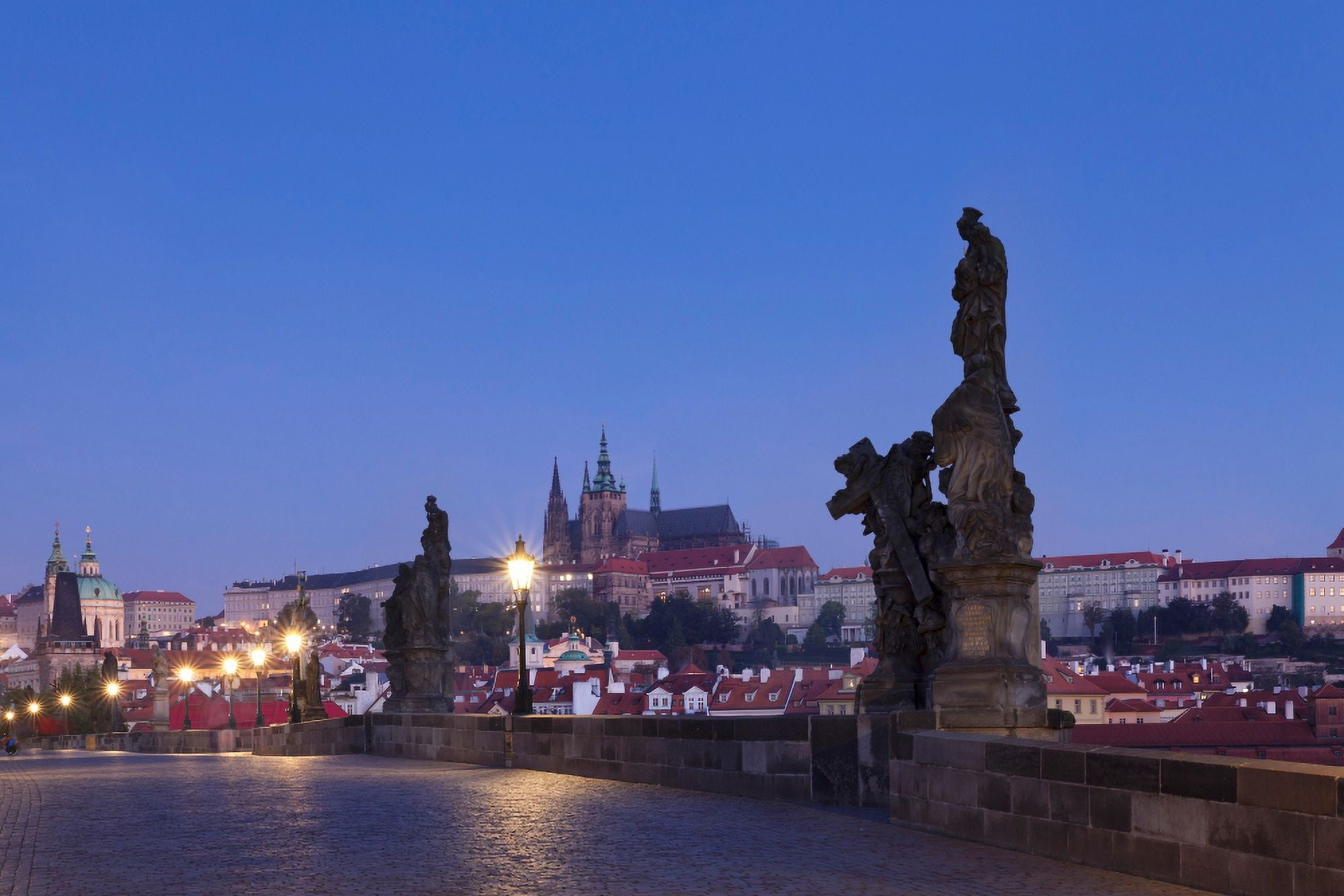 Statues on Charles Bridge with Castle District and St Vitus Cathedral in the background Prague Czech Republic Canvas Art - Panoramic Images (27 x 9)